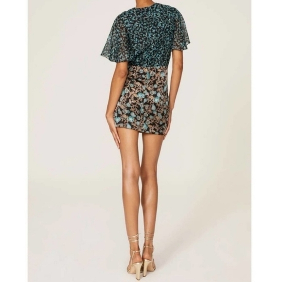 Misa Los Angeles Talia Dress Black Teal Floral Women's Medium M Flutter Sleeves - Picture 3 of 15